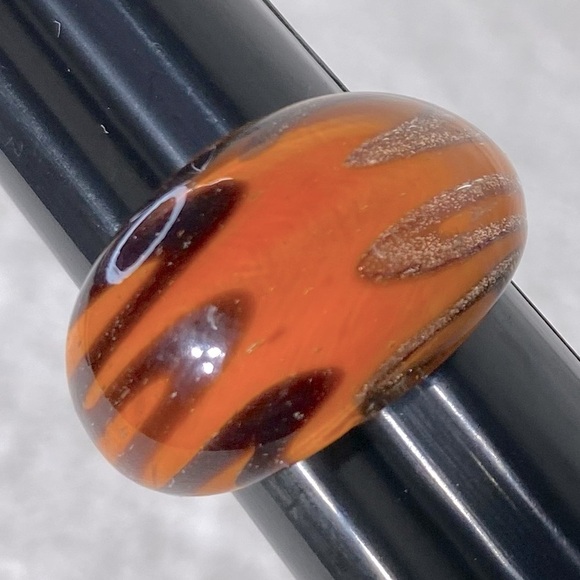 Vintage Art Glass Handmade Orange Burgundy & Gold Glitter Band Ring - Picture 11 of 11